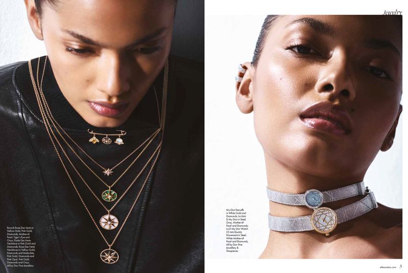 Editorial shot of a woman with layered necklaces and ear cuffs, contrasted with a woman wearing a double choker with watch faces.