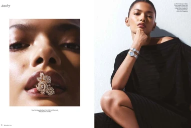 Model wearing diamond watches and a floral ring in mouth for an Elle Arabia jewelry editorial shoot