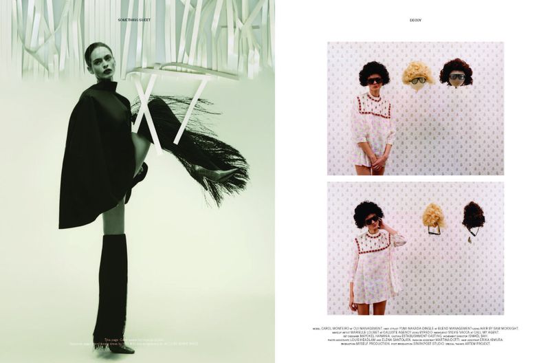 Editorial magazine spread featuring model Carol Monteiro posing dynamically in a black structured coat and boots beside patterned vignette portraits.