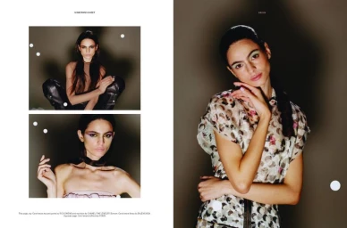 Magazine editorial spread featuring model Carol Monteiro in printed apparel and dark styling against a neutral backdrop.