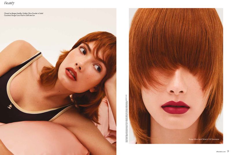 Beauty editorial shot featuring a fair-skinned woman with copper-red hair and red lipstick, contrasted with a close-up framing.