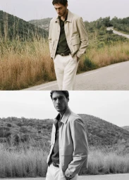 Man wearing a beige jacket and light trousers walking along a country road beside grassy hills under an overcast sky.