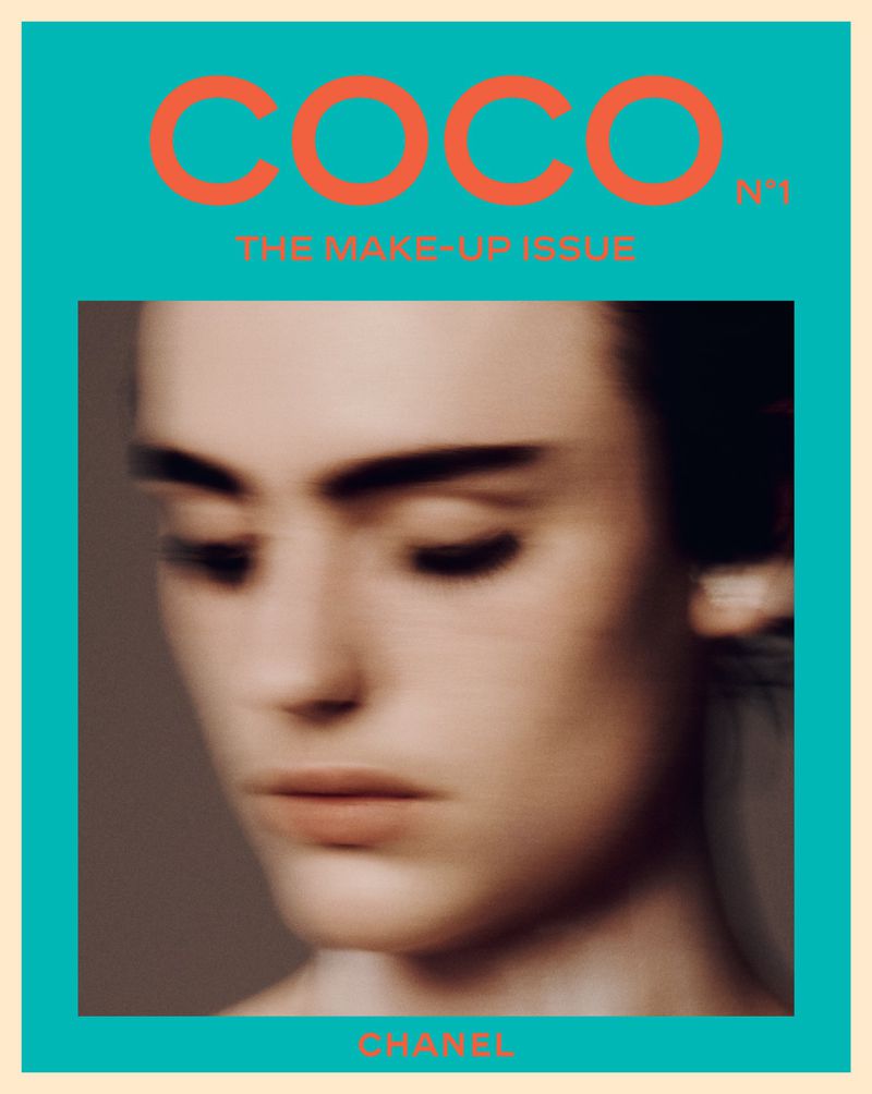 Chanel Coco Magazine Issue No. 1 cover featuring a blurred close-up portrait of a model framed by turquoise and bold typography.