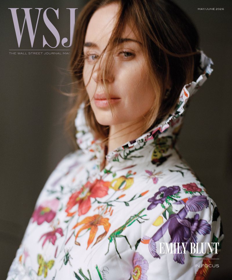 Emily Blunt wearing a high-collared white floral quilted jacket on the cover of WSJ Magazine