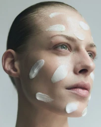 Close-up portrait of model Sarah Saxinger with white skincare cream swatches applied across her face against a neutral studio backdrop.