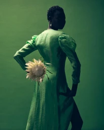 Model in green dress holding a white flower against a matching green background in a dramatic editorial portrait