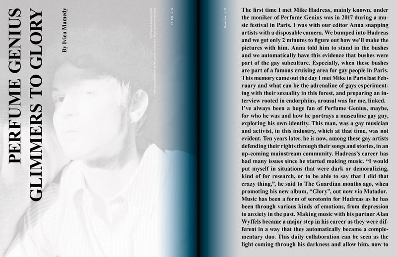 Black and white magazine spread features a soft-focus portrait of a man with the bold text “Perfume Genius Glimmers to Glory”.