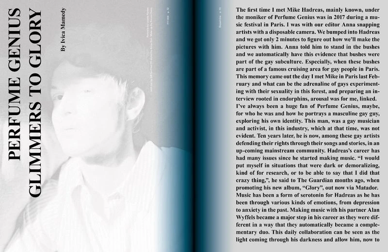Black and white magazine spread features a soft-focus portrait of a man with the bold text “Perfume Genius Glimmers to Glory”.