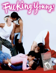Group of fashion models kissing in dynamic poses on a red floor against a white backdrop for Fucking Young magazine.