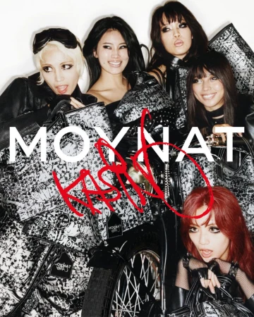 Five models with bold makeup pose dynamically around black-and-white graphic bags and a motorcycle against a white background.