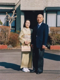 Japanese couple standing together outdoors, the woman wearing a cream kimono with a patterned obi and the man in a navy suit jacket.
