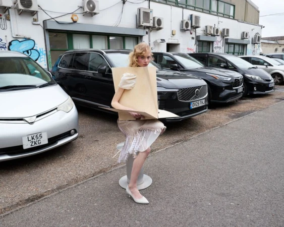 A blonde model sits on a stool in an outdoor parking lot, holding a large rigid beige folder in front of parked cars.
