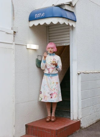 Serena Motola with pink hair wearing a printed pastel skirt set and holding a dessert outside under a blue awning.