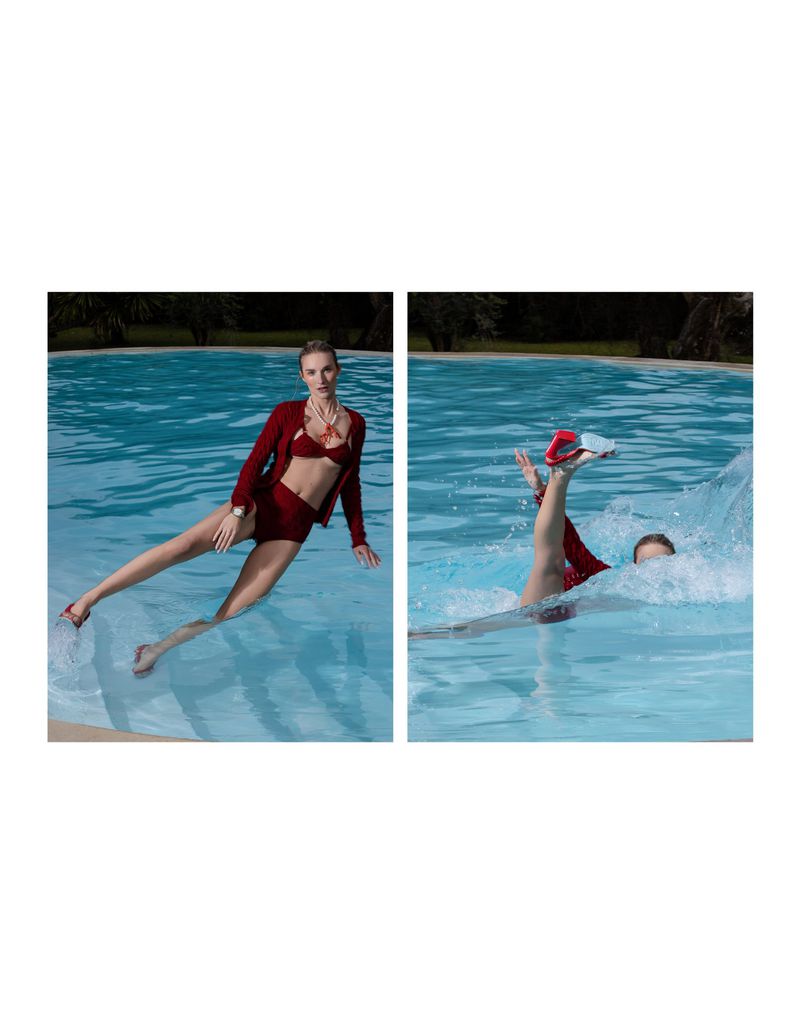 A diptych of a model wearing a burgundy swimwear set and cardigan lounging and splashing in an outdoor swimming pool.