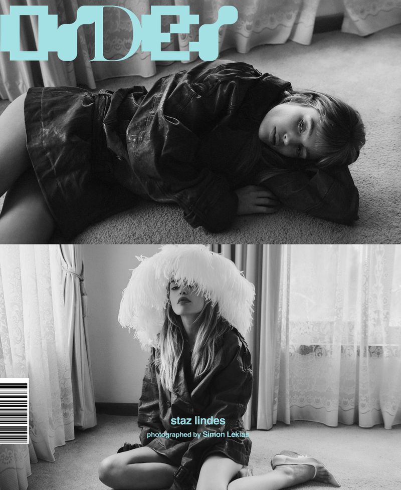Black and white diptych fashion cover featuring a woman in casual wear, one reclining and the other kneeling in a room with curtains.