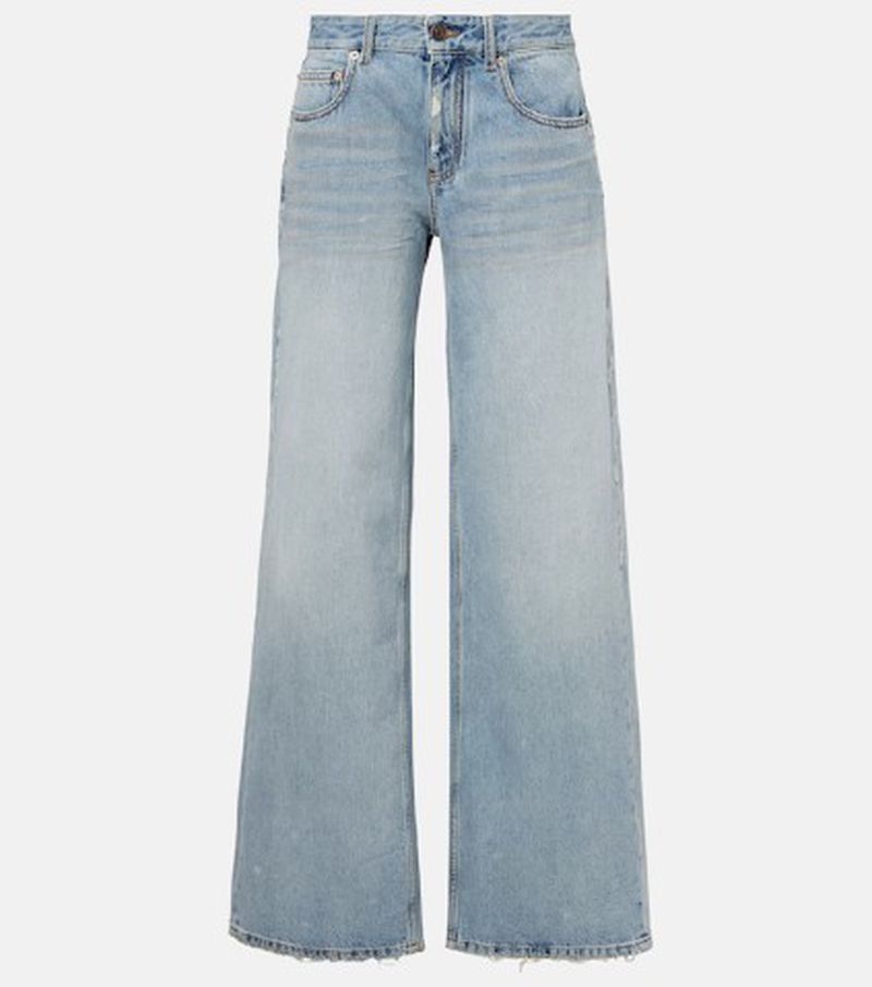 Front view of light wash wide-leg denim jeans against a plain off-white studio background.