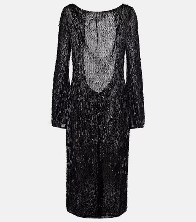 Black long-sleeve sequined fringe midi dress with an open back displayed on a plain white studio background.