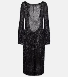 Black long-sleeve sequined fringe midi dress with an open back displayed on a plain white studio background.