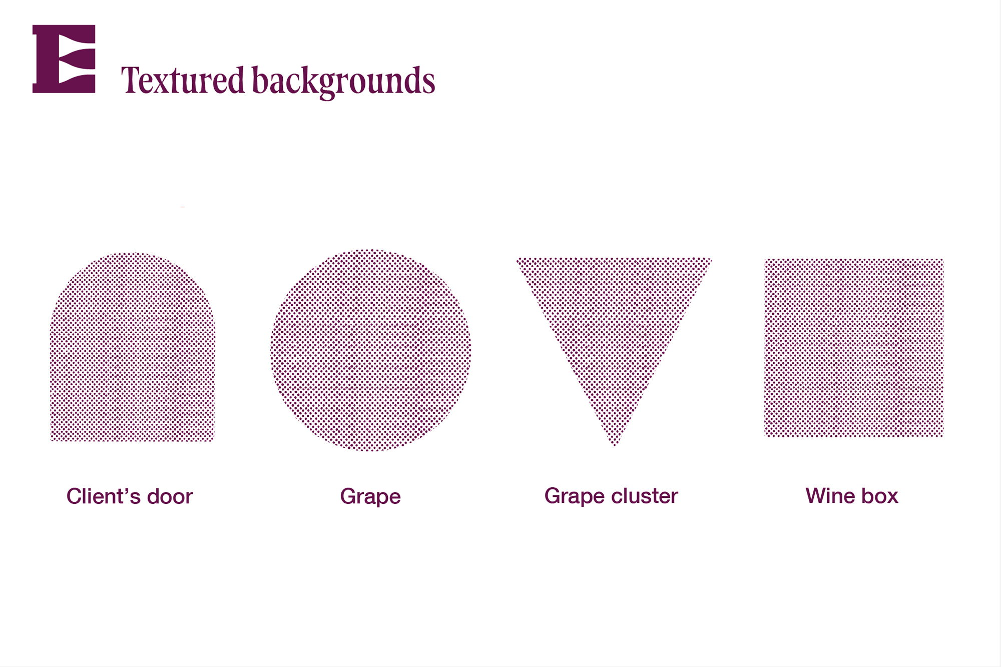 Graphic design presentation slide showing four purple textured geometric shapes representing wine branding elements on a white background.