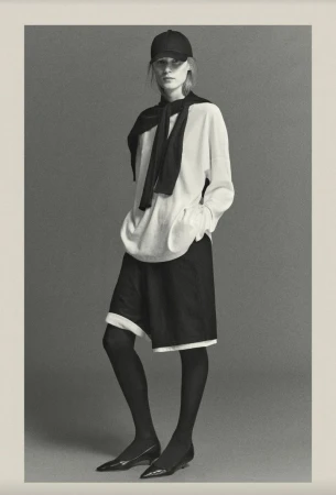 Fashion portrait of a woman wearing a white shirt, dark shorts, black tights, and a baseball cap in a photo studio setting.