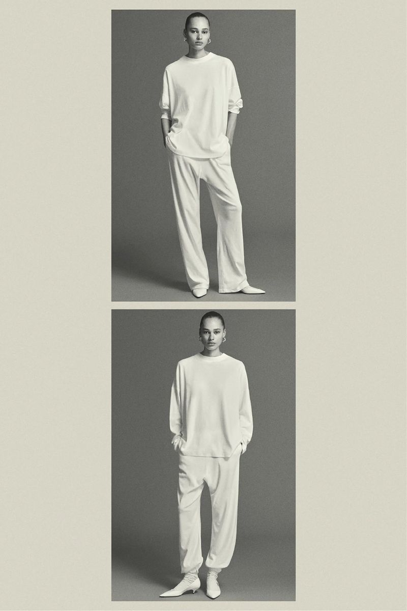 Two images of a woman posing in an all-white, long-sleeved top and pants in a photo studio setting with gray background.