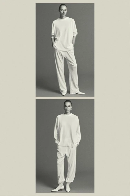 Two images of a woman posing in an all-white, long-sleeved top and pants in a photo studio setting with gray background.