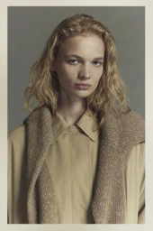 Portrait of a blonde woman wearing a camel shirt and a draped knit sweater for The Row Spring 2026