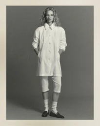 Model wearing a white buttoned tunic jacket, matching white capri trousers, white socks, and black loafers against a grey backdrop.
