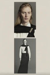 Julia Nobis wearing a white shirt, draped black sweater with an ornate brooch, and black maxi skirt for The Row Spring 2026.