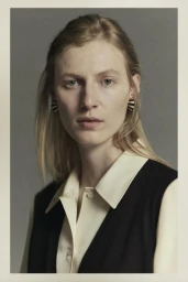 Model Julia Nobis wearing a cream collared shirt, black vest, and striped earrings against a grey studio backdrop.
