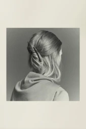 Model seen from behind with blonde hair secured by a dark clip and wearing a hooded garment against a neutral background.