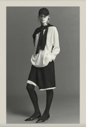 Model wearing a white sweater, black shorts, baseball cap and heels standing against a grey studio backdrop
