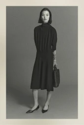 Model in a black dress holding a handbag against a neutral grey studio background