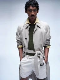 Model Viknes Waren posing in a belted beige trench coat over an olive green knit sweater and white shorts against a light grey studio backdrop.