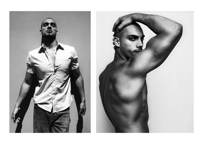 Black and white diptych portrait of a muscular man wearing an unbuttoned shirt on the left and shirtless in profile on the right.
