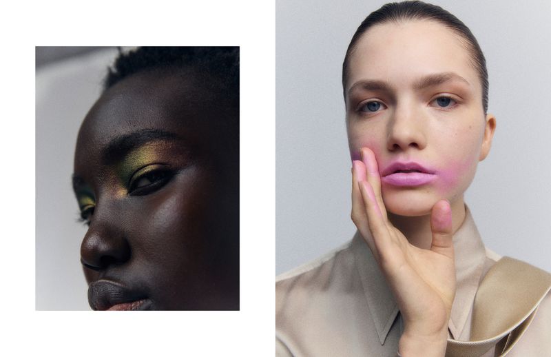 Close-up portrait diptych of two female models showcasing creative metallic eye makeup and bright pink face paint.