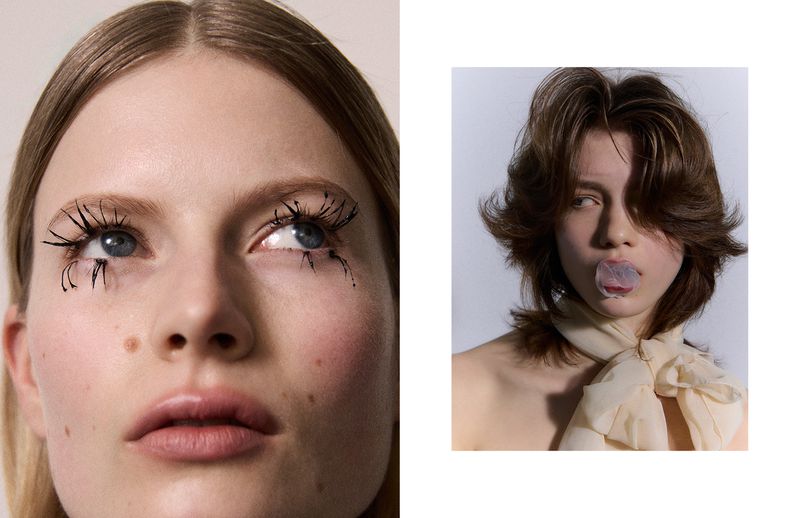 Diptych editorial beauty portrait showing dramatic spider eyelashes on the left and a model blowing bubblegum on the right.