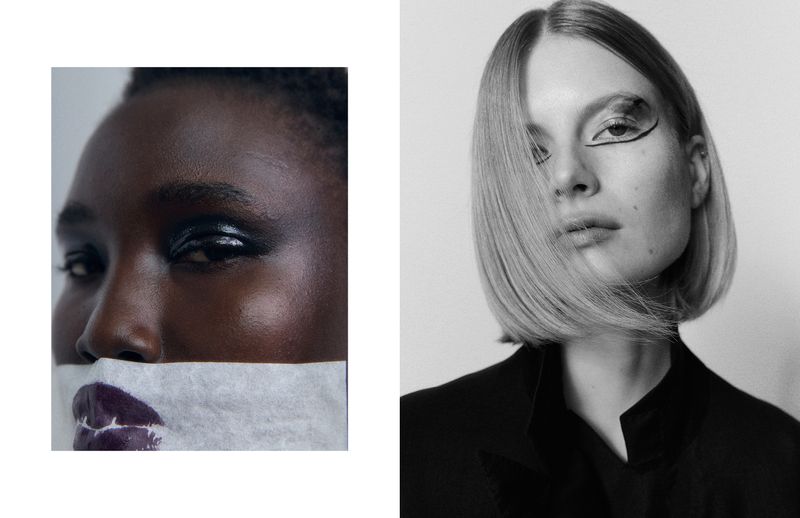 Diptych beauty editorial showing a close-up face with lipstick print paper beside a woman with graphic eyeliner and a bob haircut.
