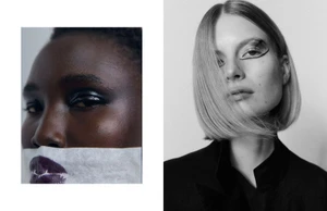 Diptych beauty editorial showing a close-up face with lipstick print paper beside a woman with graphic eyeliner and a bob haircut.