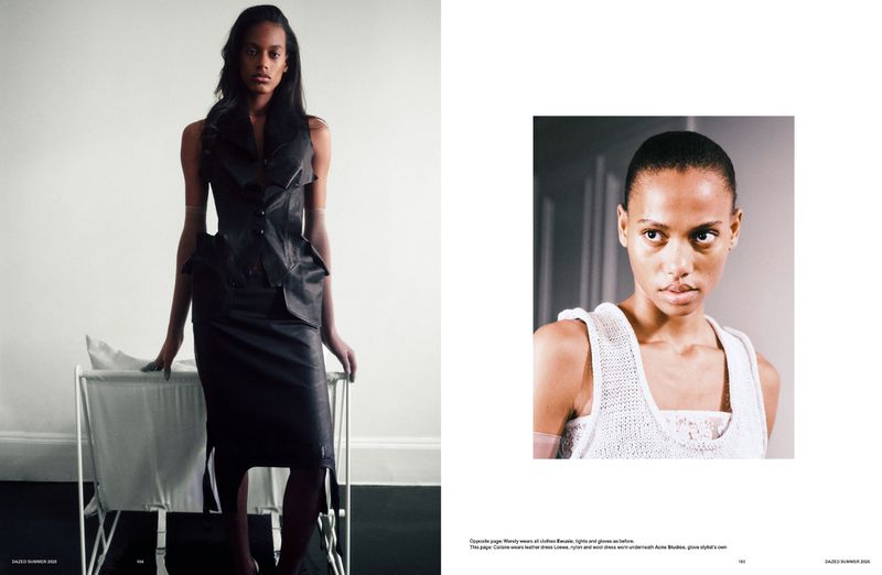 Editorial spread featuring two portrait photographs of a black female model wearing black leather attire and a white knit top.