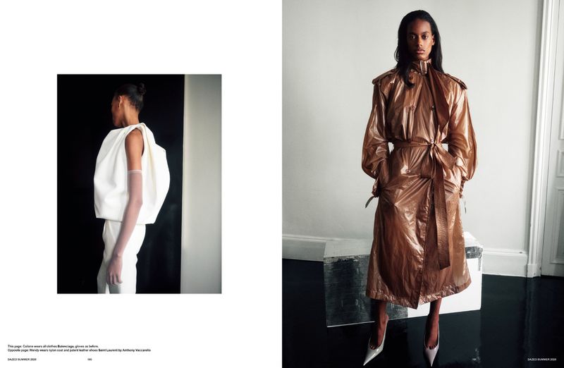 Editorial magazine spread featuring models wearing a sculptural white top and a metallic copper trench coat in studio interiors.