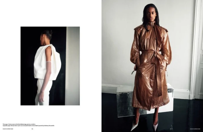 Editorial magazine spread featuring models wearing a sculptural white top and a metallic copper trench coat in studio interiors.
