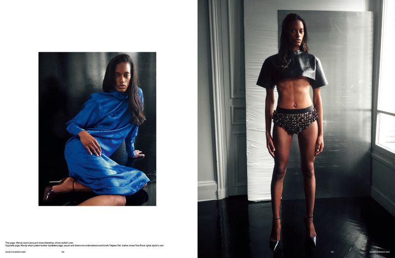 Editorial magazine spread featuring model Wendy Garcia in a cobalt blue dress and a black leather cropped top with embellished briefs.