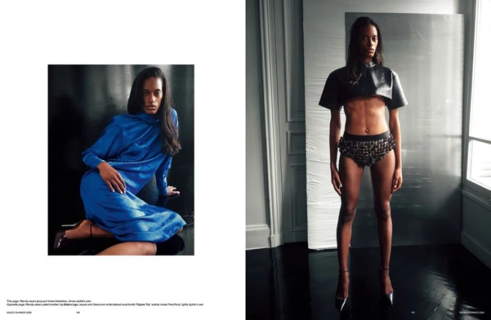 Editorial magazine spread featuring model Wendy Garcia in a cobalt blue dress and a black leather cropped top with embellished briefs.