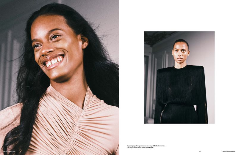 Editorial magazine layout featuring portraits of two models, one smiling in a beige gathered top and another in a black structured dress.