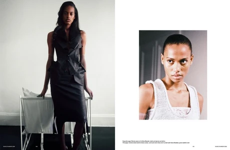 Editorial spread featuring two portrait photographs of a black female model wearing black leather attire and a white knit top.