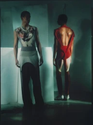 Model Cai Yuyang and a male model in backless red attire posing in draped designer garments against a moody studio set.