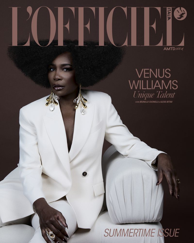 Venus Williams on L'Officiel Italia magazine cover. She's in a white suit on a white chair against a brown background, looking at camera.
