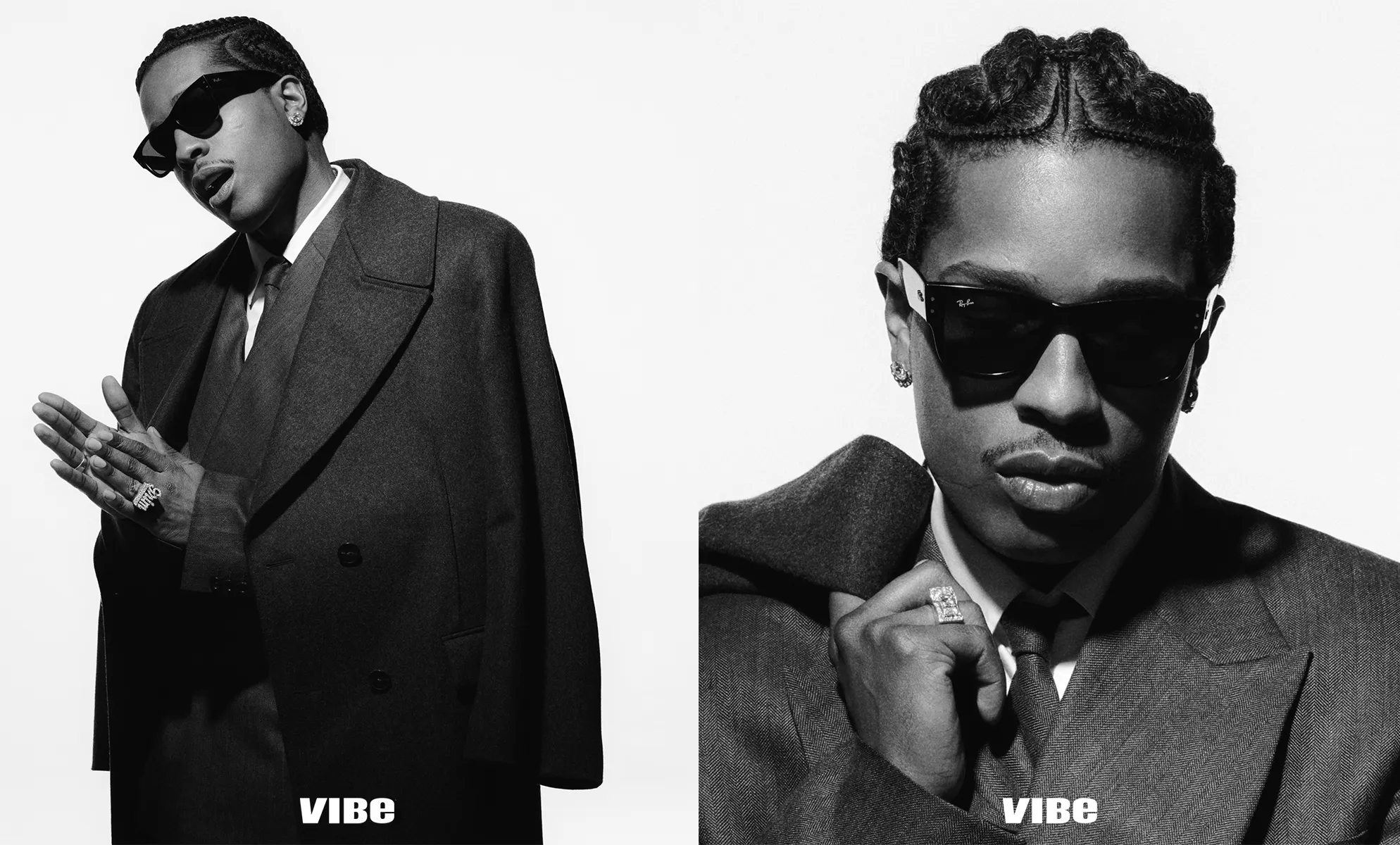 Black and white portrait diptych of A$AP Rocky wearing sunglasses, a tailored suit, overcoat, and diamond rings against a white background.