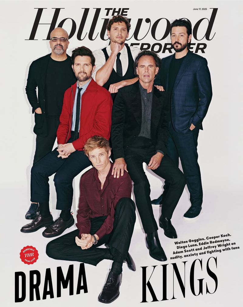 Magazine cover featuring six men in formal attire. The cover reads 'The Hollywood Reporter - Drama Kings'. Predominantly black, white, and red colors.